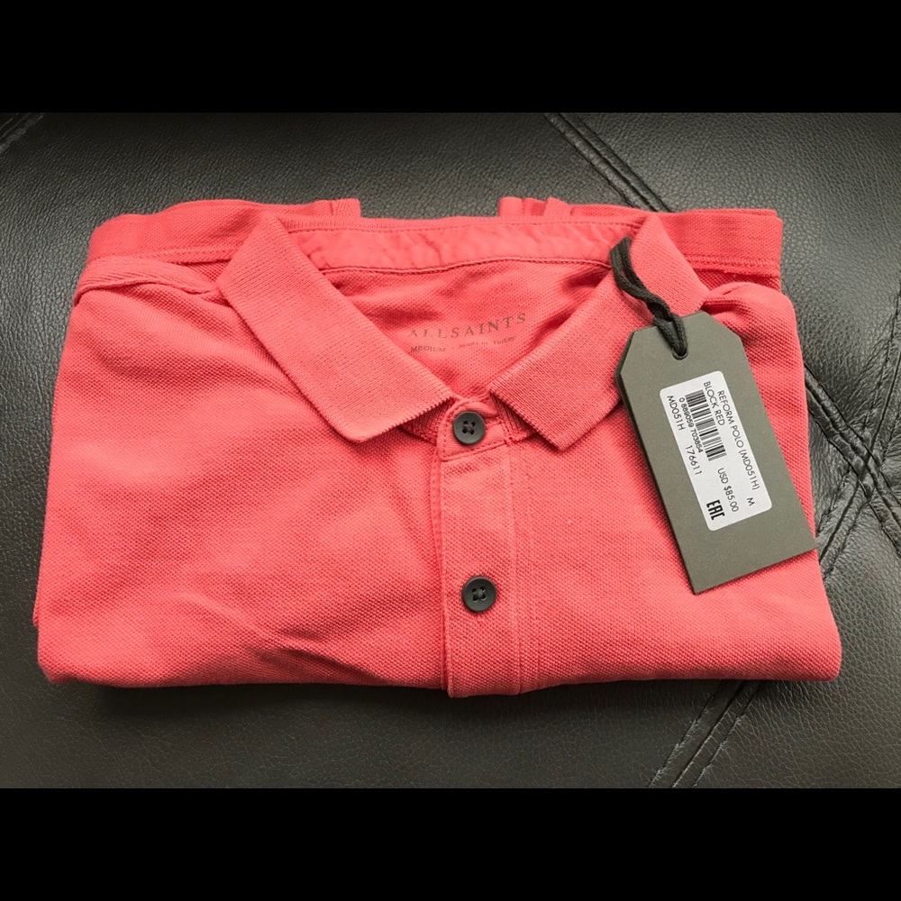 AllSaints Coral Pink Mens Polo Shirt